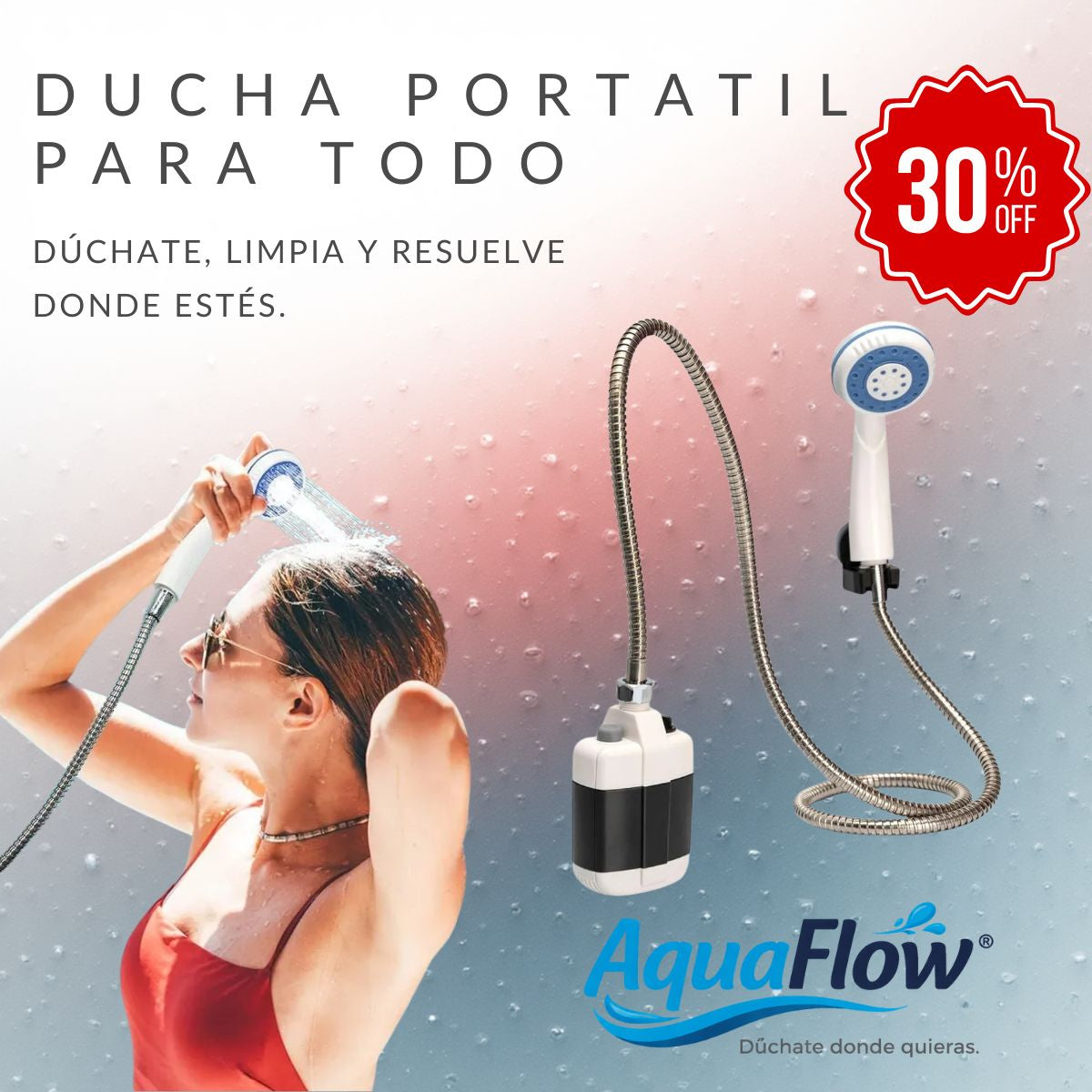 AquaFlow® DUCHA PÓRTATIL A BATERÍA RECARGABLE - DISEÑADA PARA ACOMPAÑARTE EN USO DIARIO, AVENTURAS Y TRABAJO