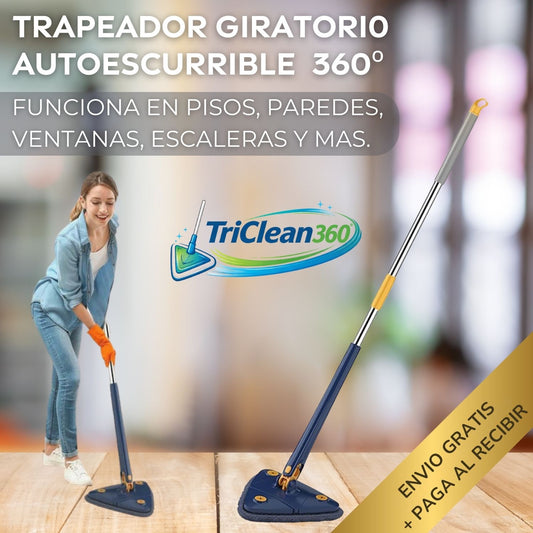 TriClean360® – Trapeador Triangular 360° Giratorio Autoescurrible Limpia Más Rápido y Sin Complicaciones